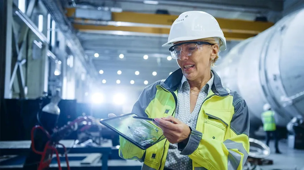 a woman in a hard hat is using a tablet in a factory